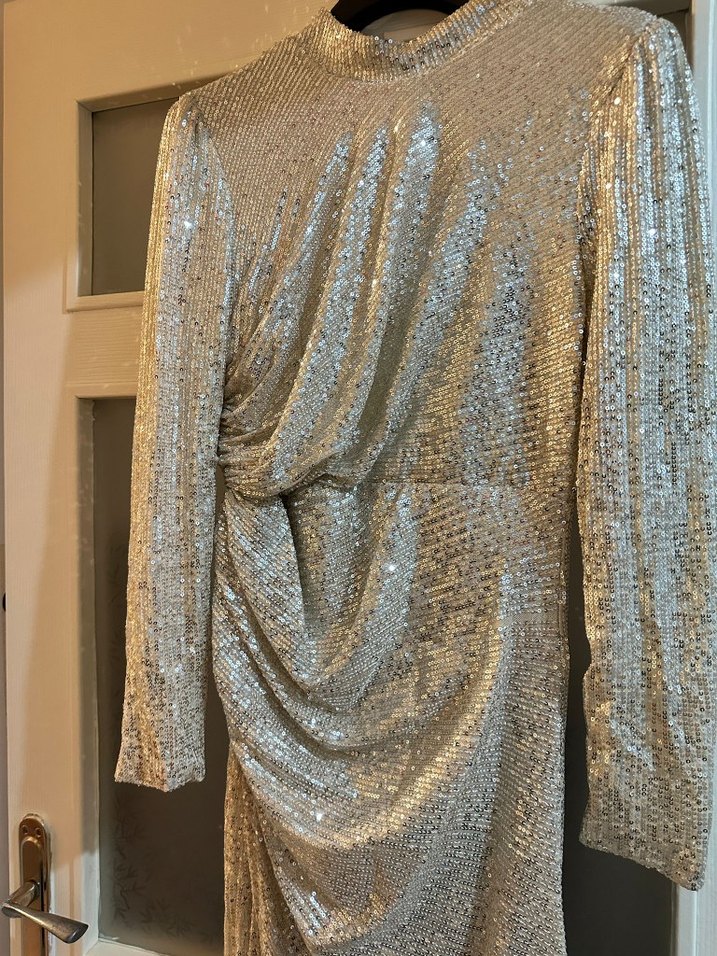 Payet Desenli Drapeli Uzun Kollu Abiye Elbise - Görsel 2