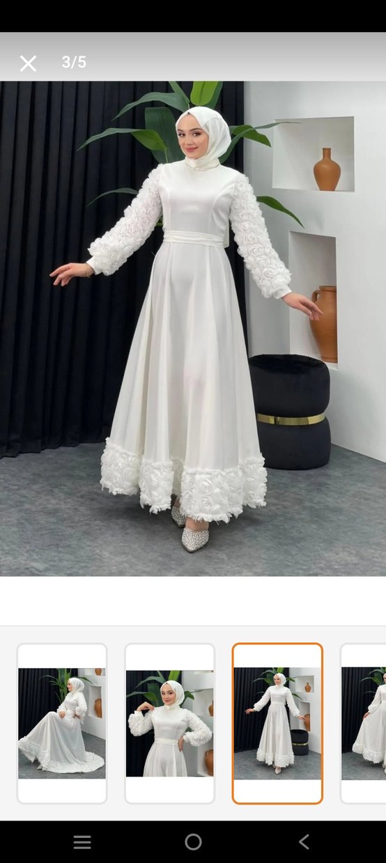 Uzun Kollu Beyaz Çiçek Desenli Tesettür Abiye - Görsel 2