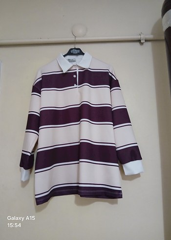 Diğer Ekru Mor Cizgili Oversize Polo Tisort
