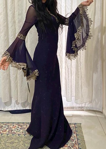 Uzun Mor Gotik Drape Detaylı Kadın Abiye