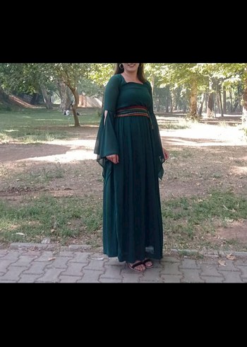 Drapeli Yeşil Uzun Bohem Kadın Elbise Yöresel Elbise