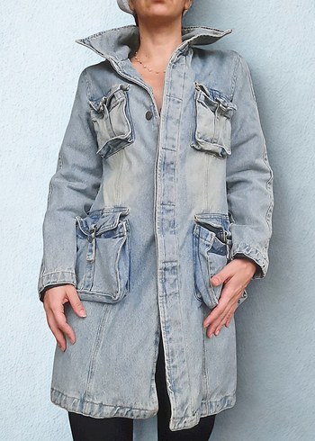 Gri Düğmeli Midi Kalın Denim Ceket