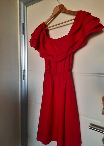 Kırmızı Drapeli Mini Keten Elbise - Görsel 3