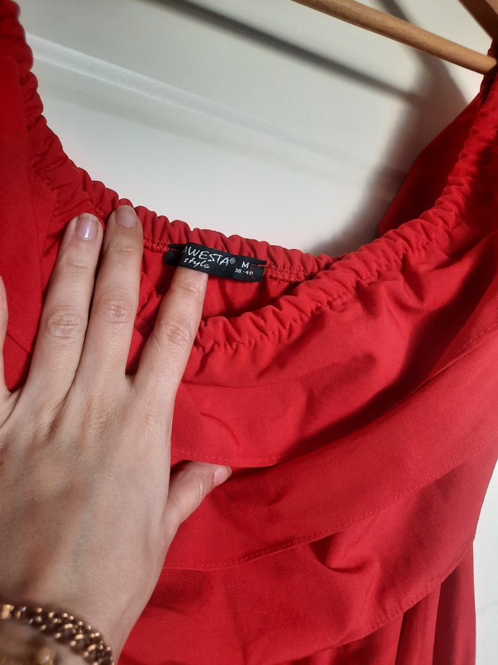 Kırmızı Drapeli Mini Keten Elbise - Görsel 4