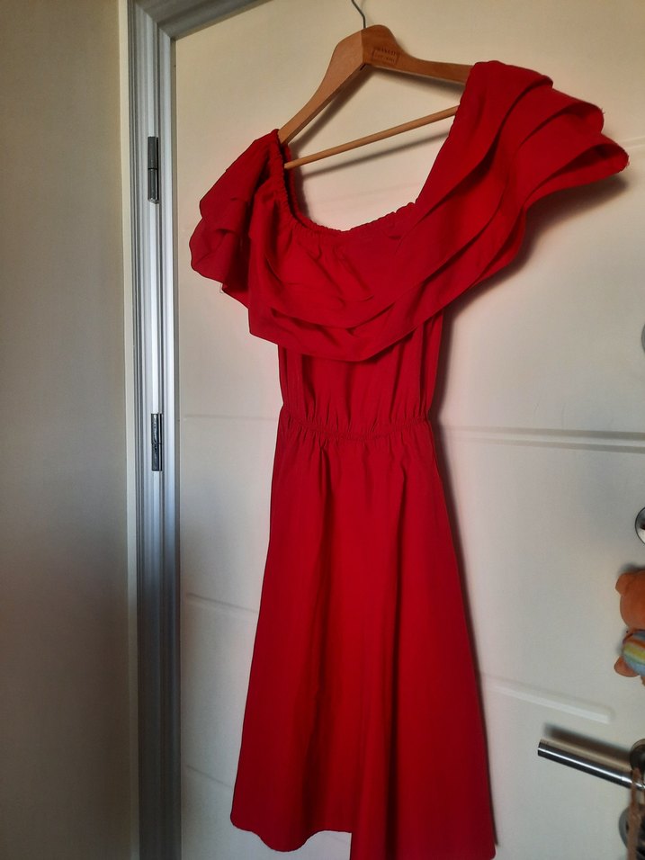 Kırmızı Drapeli Mini Keten Elbise - Görsel 3