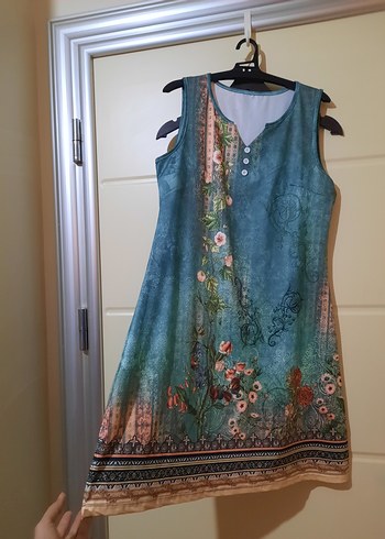 Bohem Kolsuz Mini Elbise Turkuaz Desenli - Görsel 2