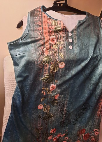 Bohem Kolsuz Mini Elbise Turkuaz Desenli - Görsel 6