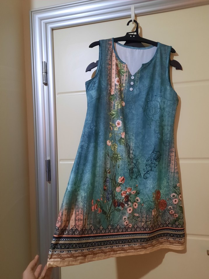 Bohem Kolsuz Mini Elbise Turkuaz Desenli - Görsel 2