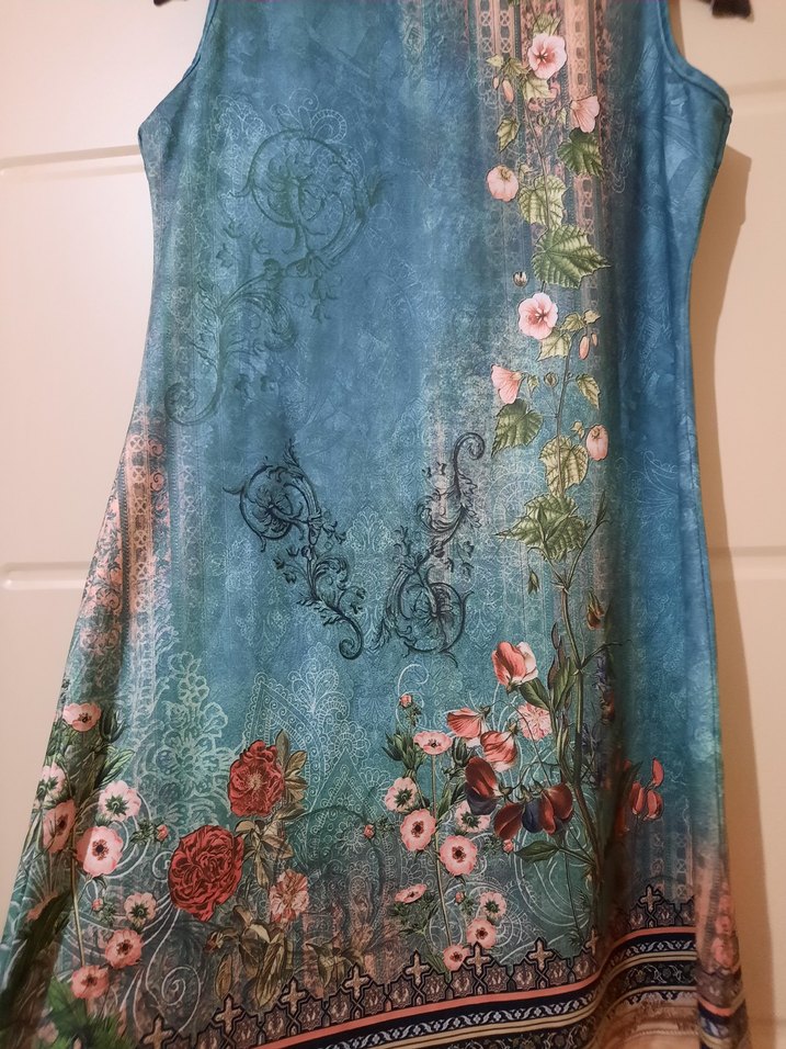 Bohem Kolsuz Mini Elbise Turkuaz Desenli - Görsel 5