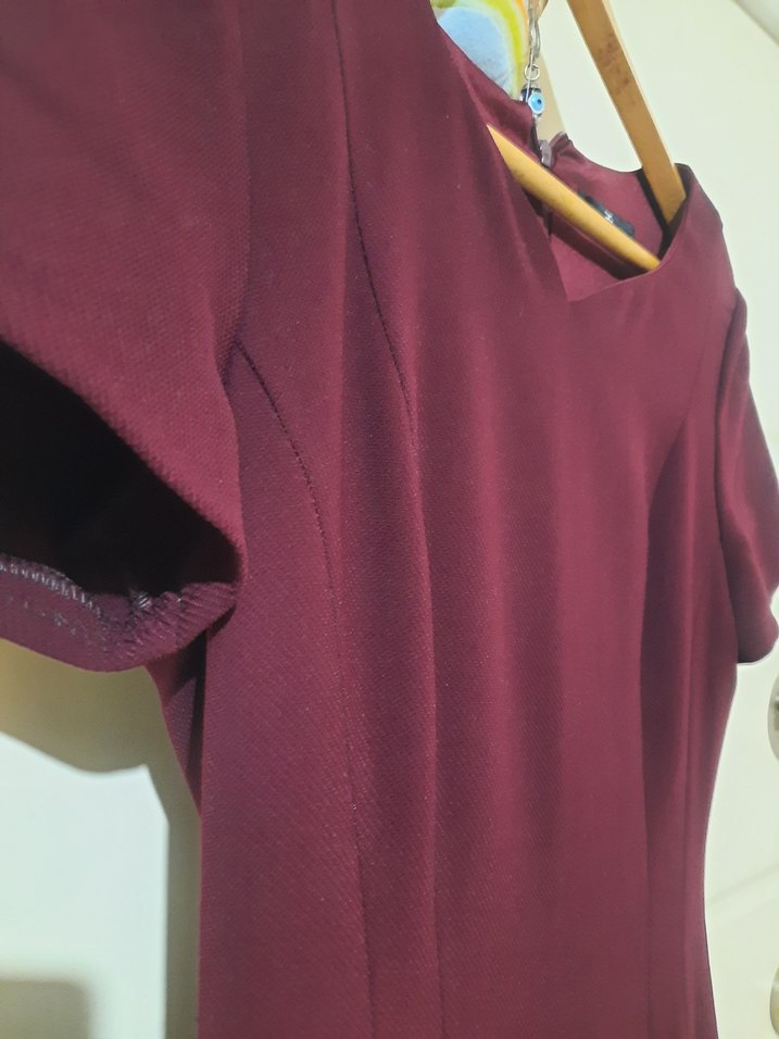 Bordo Midi Drapeli Klasik Kadın Elbise - Görsel 3