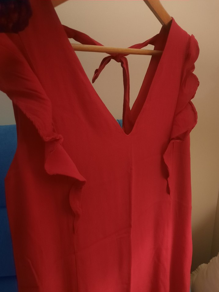 Kırmızı V Yakalı Midi Elbise - Görsel 3