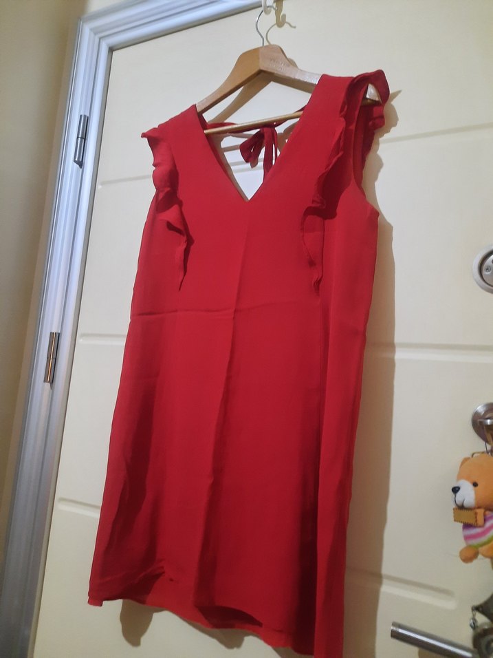 Kırmızı V Yakalı Midi Elbise - Görsel 4