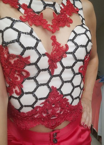 Diğer Kırmızı Nakışlı Dantelli Mini Büstiyer