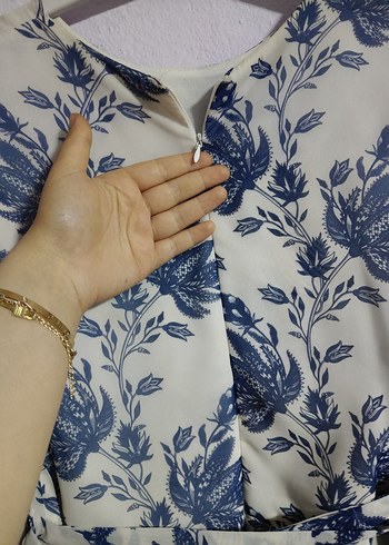 Mavi Çiçek Desenli astarlı şifon Uzun Elbise - Görsel 5