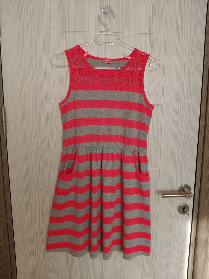 Kız Çocuk Pembe Gri Çizgili Dantelli Elbise - Görsel 3