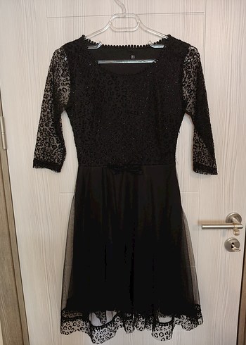 Dantel Detaylı Siyah Leopar Desenli Midi Elbise - Görsel 3