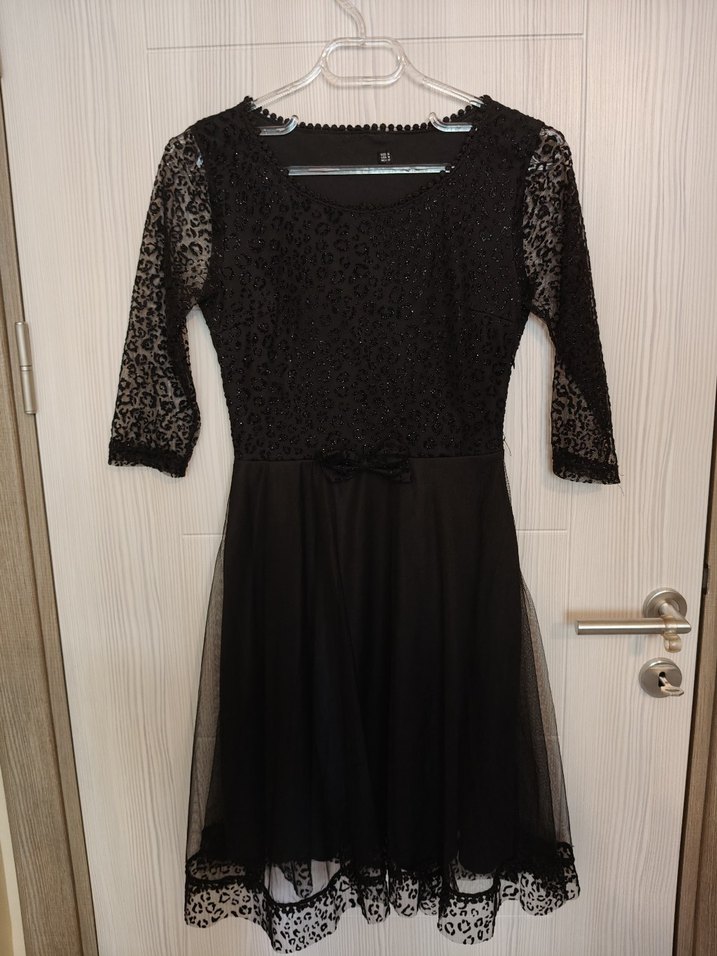 Dantel Detaylı Siyah Leopar Desenli Midi Elbise - Görsel 3