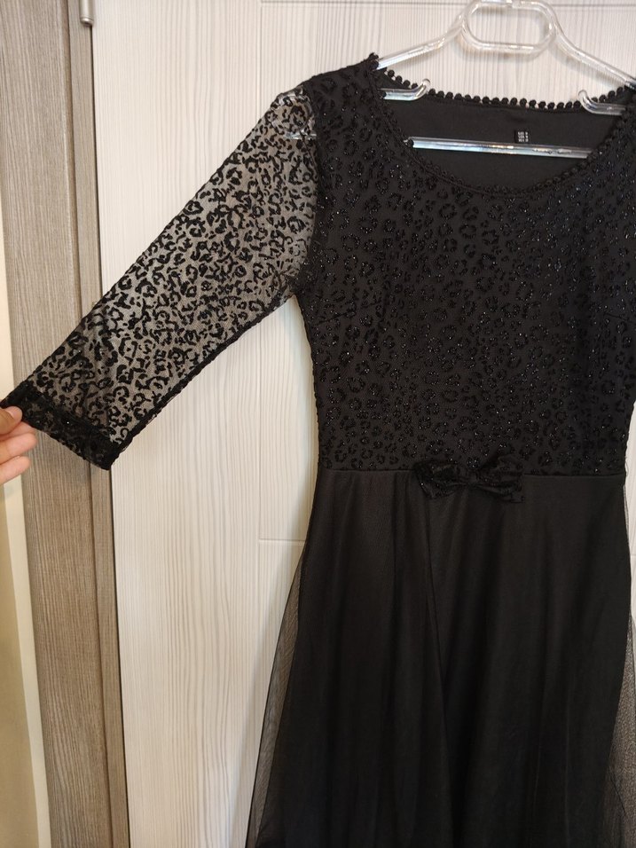 Dantel Detaylı Siyah Leopar Desenli Midi Elbise - Görsel 4