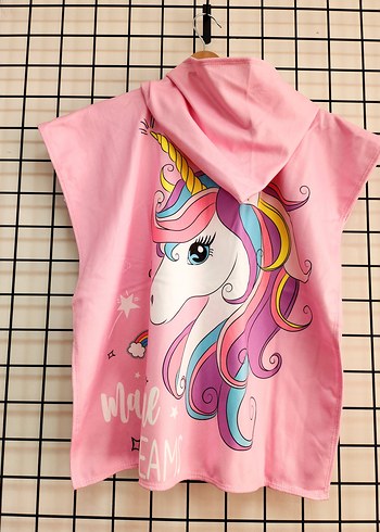 Renkli Baskılı Unicorn Kız Çocuk Panço / Plaj Panço Havlu - Görsel 2