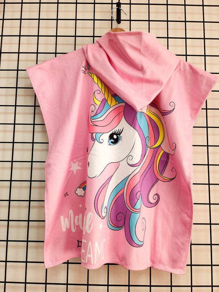 Renkli Baskılı Unicorn Kız Çocuk Panço / Plaj Panço Havlu - Görsel 2