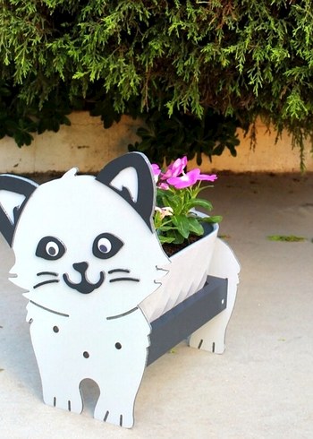 Kedi Figürlü Beyaz Saksı