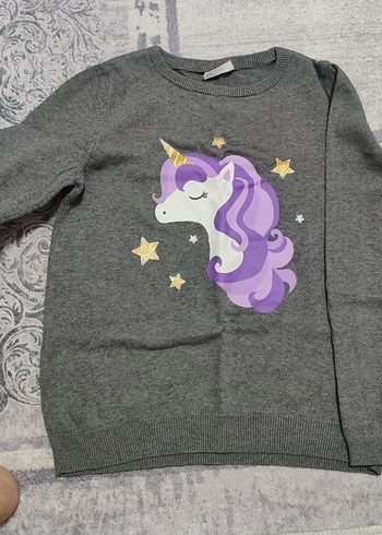 9 Yaş Beden gri Renk Kız Çocuk Gri Unicorn Baskılı Triko Sweatshirt
