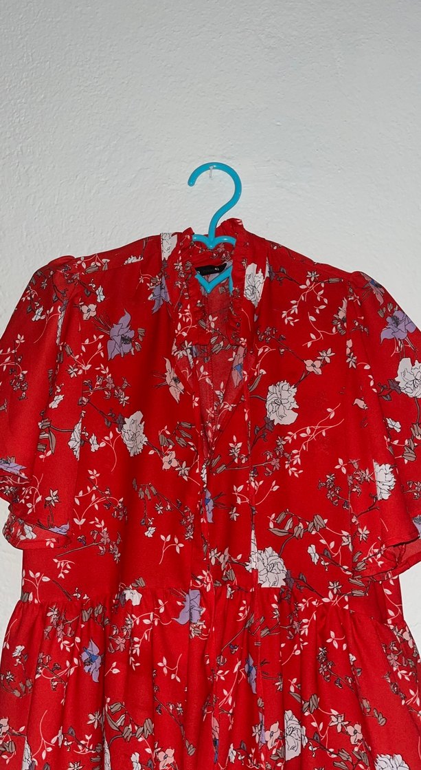 Kırmızı V Yaka Bohem Midi Elbise - Görsel 2