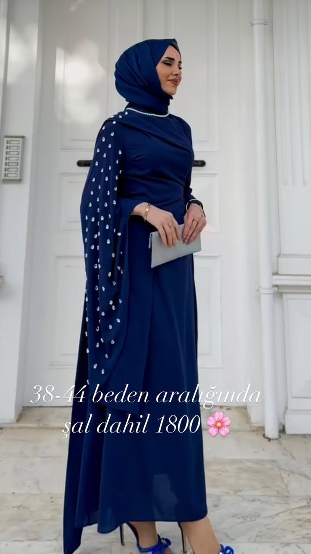 Uzun Kollu İşlemeli Mavi Abiye Elbise - Görsel 2