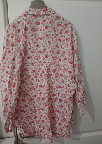 xl Beden Pembe Çiçek Desenli Uzun Kollu Keten Gömlek