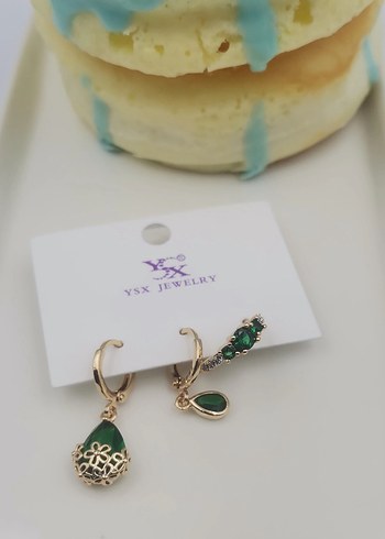 Yeşil Boncuklu Mini üçlü Küpe