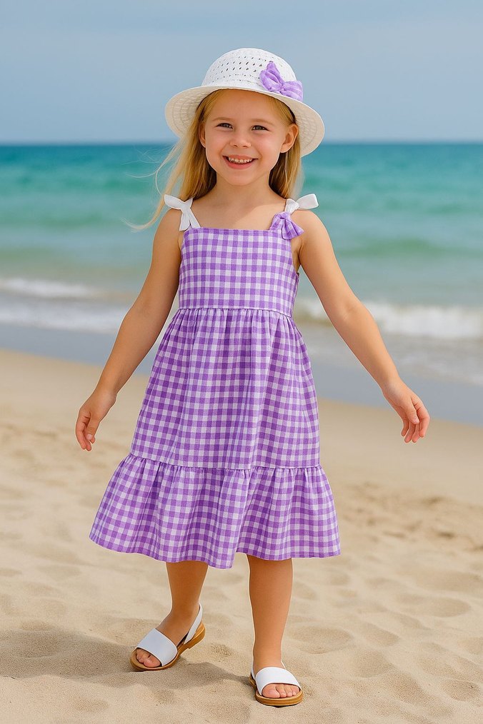 Kızlar İçin Renkli Kareli Askılı Elbise şapkası yanında  - Görsel 3