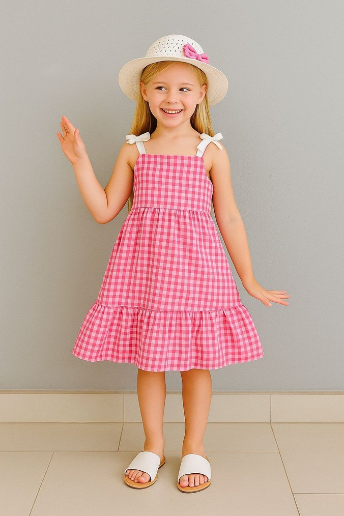 Kızlar İçin Renkli Kareli Askılı Elbise şapkası yanında  - Görsel 2