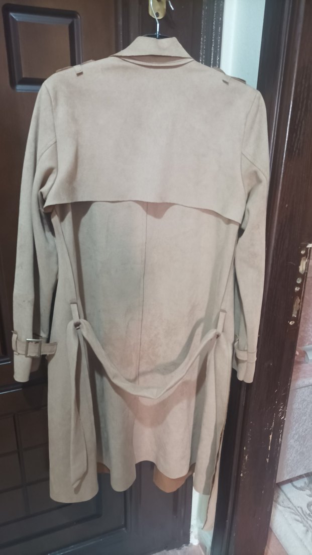 Bej Süet Uzun Kadın Trençkot - Görsel 3