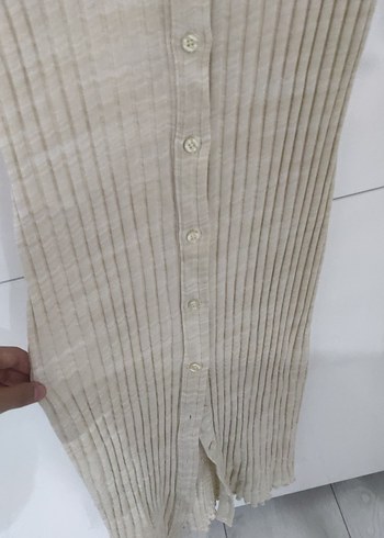 Bej Düğmeli Kısa Kollu Uzun Kadın dar elbise - Görsel 2