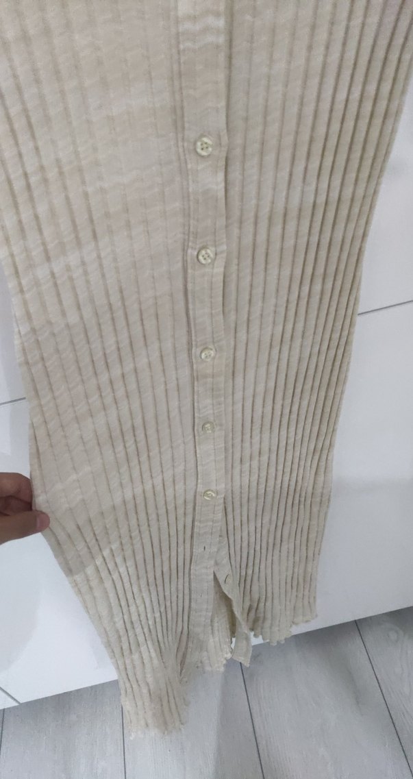 Bej Düğmeli Kısa Kollu Uzun Kadın dar elbise - Görsel 2