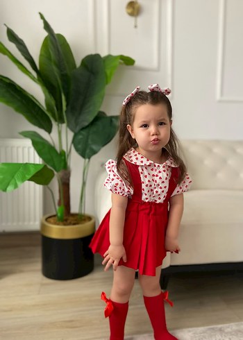 24-36 Ay Beden Kırmızı Puantiyeli Kız Çocuk etek gömlek takım