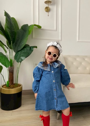 24-36 Ay Beden Dantel Yakalı Mavi Denim Kız Elbise