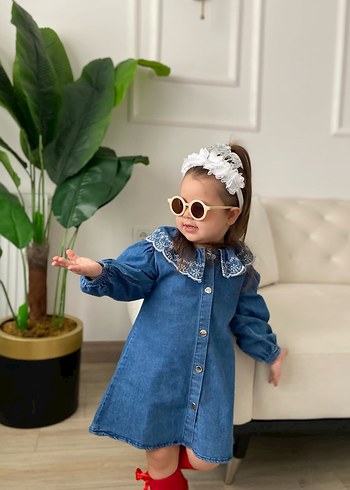 Diğer Dantel Yakalı Mavi Denim Kız Elbise