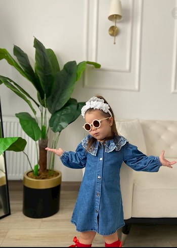 Dantel Yakalı Mavi Denim Kız Elbise