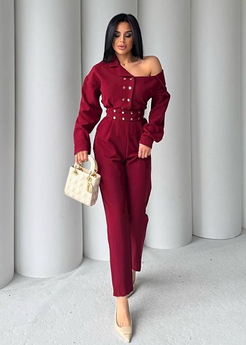 Bordo cıt cıtlı Uzun Kadın Tulum
üründe hafif kumaş defosu var - Görsel 2