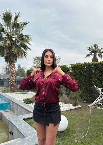 42 Beden Bordo büyük cıt cıtlı Saten Kadın Gömlek