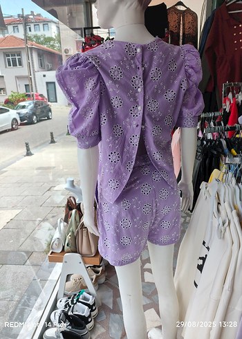 Mor Nakışlı Kısa Kollu Bluz ve şort - Görsel 5
