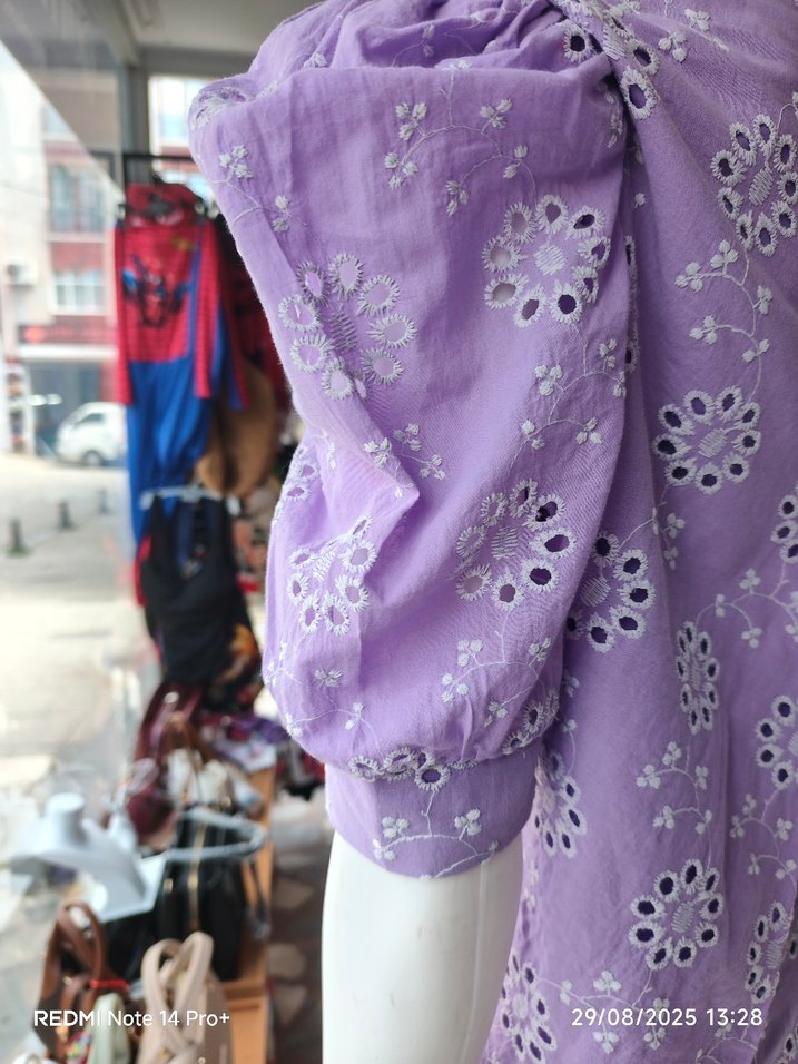 Mor Nakışlı Kısa Kollu Bluz ve şort - Görsel 4