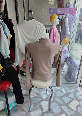 Bej Drapeli Yüksek Yakalı Kadın Bluz - Görsel 4