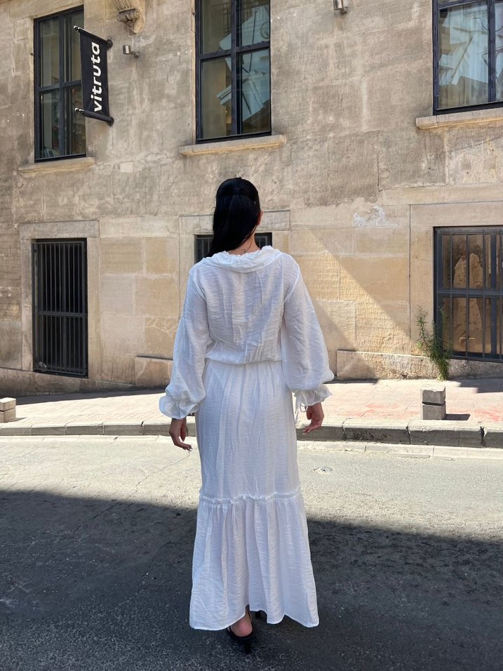 Bohem Etnik Desenli Beyaz Uzun  Elbise - Görsel 3