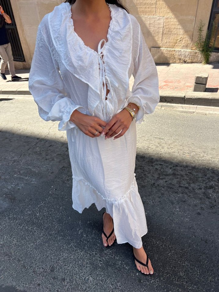 Bohem Etnik Desenli Beyaz Uzun  Elbise - Görsel 2