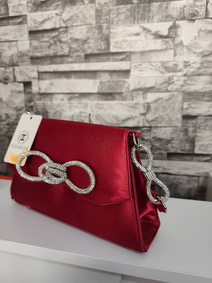 Zincir Detaylı bordo parlak  satenim su Kadın Clutch - Görsel 2