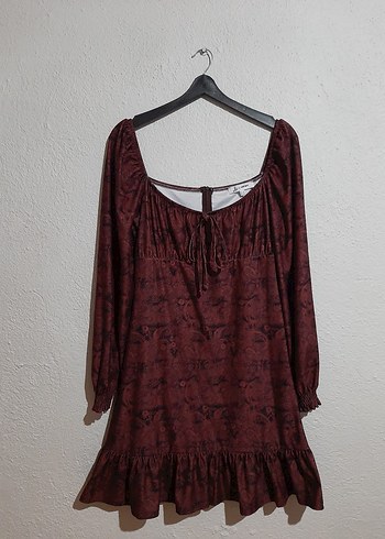 Bordo Kahverengi Bohem Uzun Kollu Mini Elbise