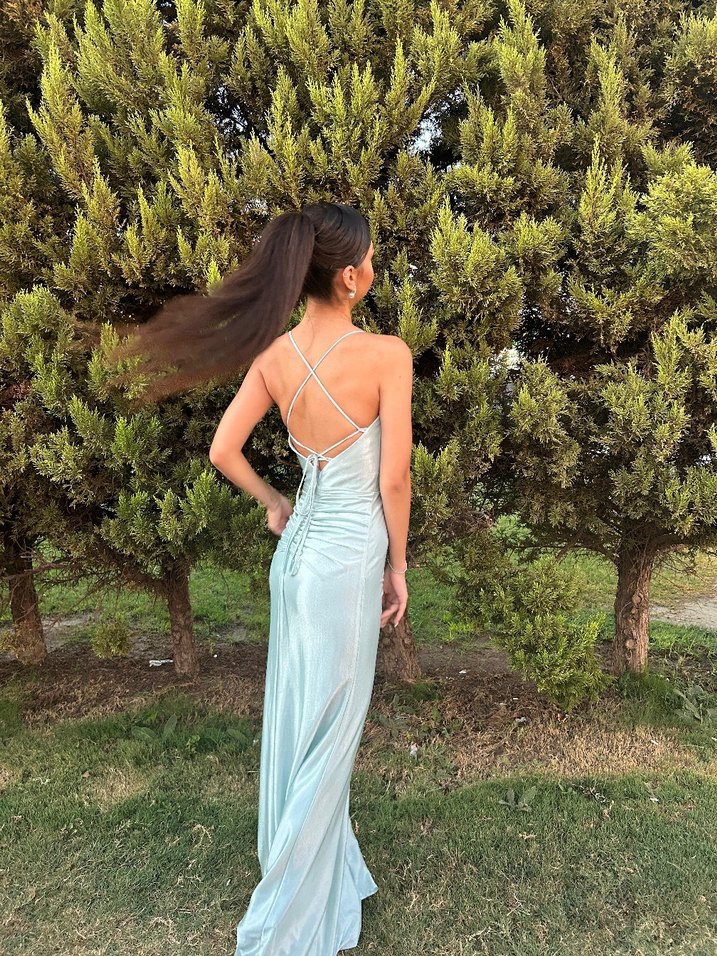 Mavi Drapeli Uzun Askılı Kadın Abiye - Görsel 3