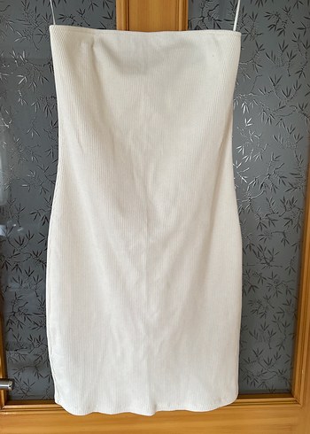 Mango,etiketli ekru straplez elbise - Görsel 2